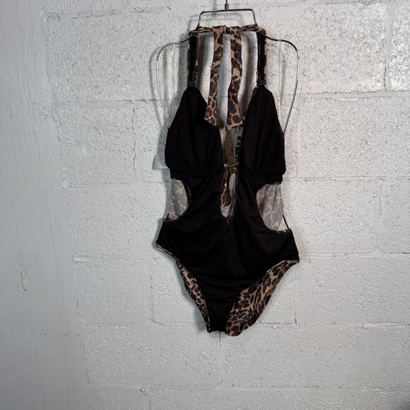 Bar III Solid Cowlneck One-Piece Swimsuit animal print multi, L MSRP $94 - Picture 3 of 11